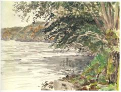  <p>En amont de l'île du Nord,<br class='manualbr' />l'eau plus basse découvre les galets<br class='manualbr' />Aquarelle, 3 octobre 1941</p>