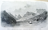 "Extrémité supérieure du lac de Genève" <p>(Dessin de K.Girardet d'après M.Martens, dans A.Joanne, Itinéraire de la Suisse, 1865)</p>