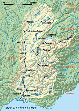  <p>Bassin versant du Rhône<br class='manualbr' />Longueur du fleuve : 812 km<br class='manualbr' />Superficie : 95 590 km2<br class='manualbr' /><i>(© Nordnordwest CC BY-SA)</i></p>