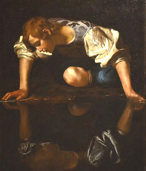  <p><small><i>"Narcisse"</i> - Tableau généralement attribué au Caravage<br class='manualbr' />(mais aussi parfois à Spadarino), peint vers 1598<br class='manualbr' />et conservé à la Galerie nationale d'art ancien de Rome.</small></p>